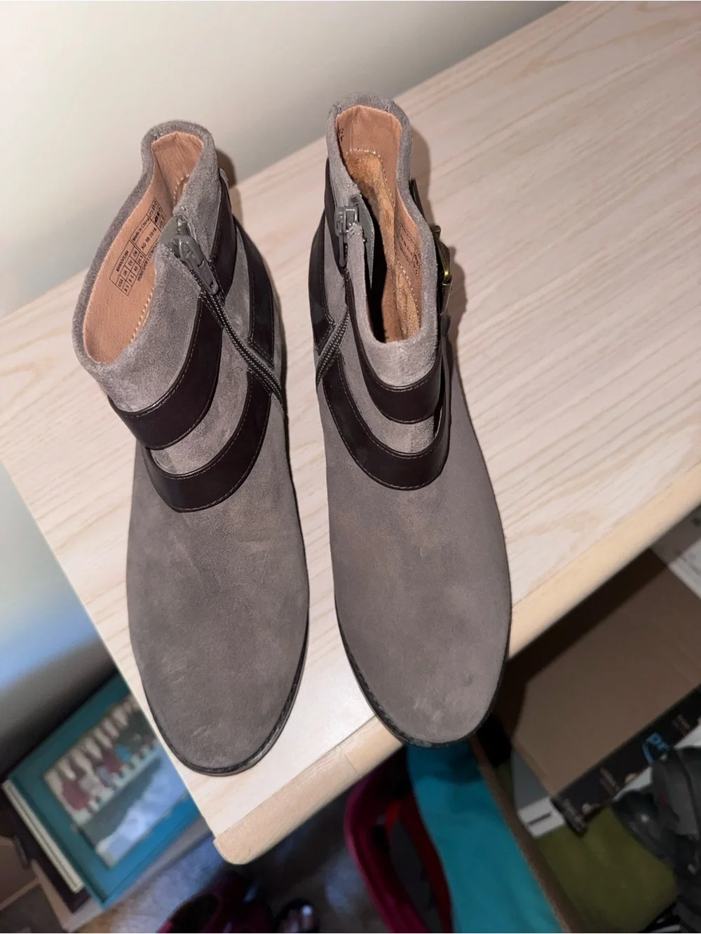 Vionic Tan Suede Ankle Boots with Dark Brown Straps